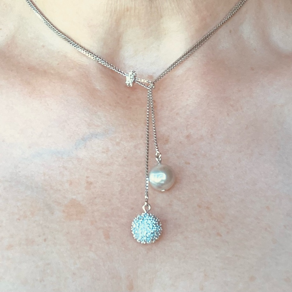 Swarovski Lariat Silver Pearl and Pavé Drop Necklace